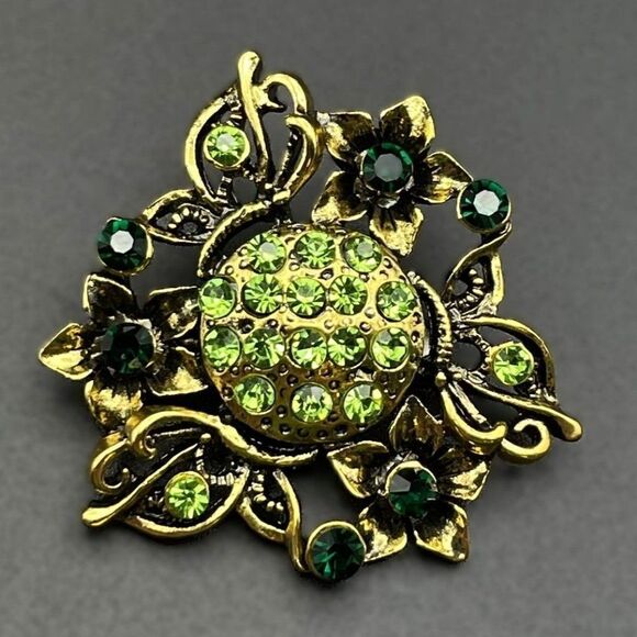 Yellow Gold with Emerald and Peridot Green Crystal Flower Pin Back Brooch - Picture 1 of 7